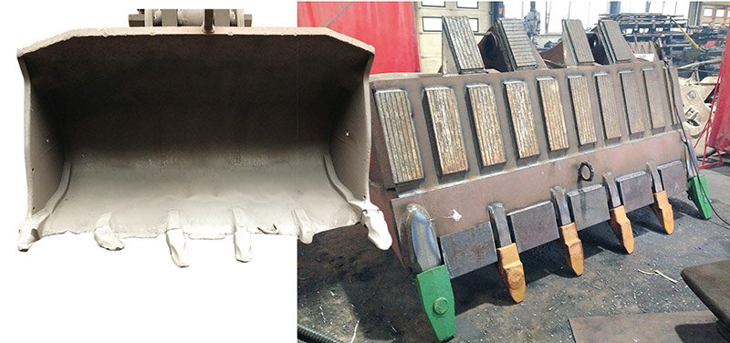 Bild links reparaturbedürftige Radladerschaufel, Bild rechts Schaufel nach einer Regeneration